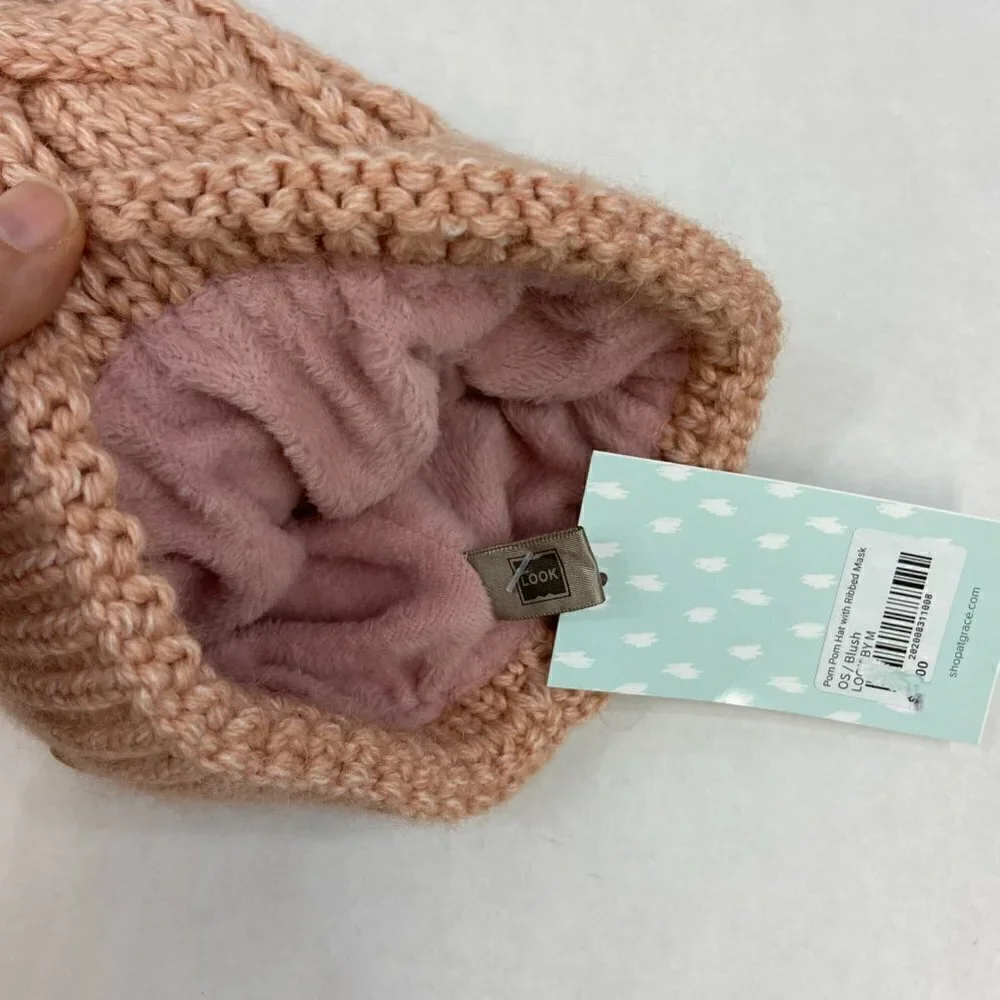 Grace Cable Knit Pom Pom Hat with Ribbed Mask